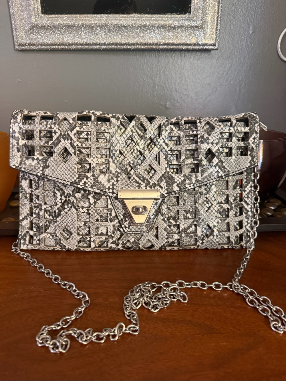 Boutique Snake-Print Silver Chain Crossbody Bag